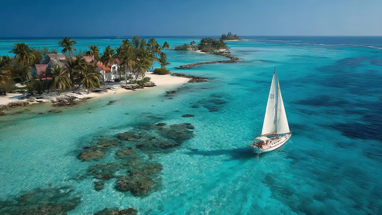 Vista aerea mozzafiato di un'idilliaca isola tropicale con yacht privato che naviga attraverso acque cristalline e lussureggianti palme verdi sotto un cielo azzurro brillante