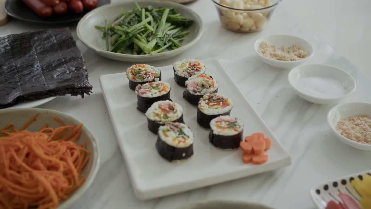 Traditional Asian Gimbap and Ingredients for Making Dish