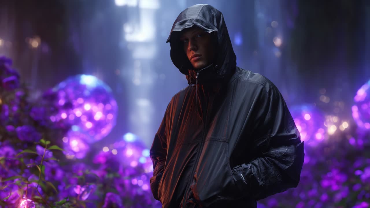 A mysterious figure stands in a fantastical landscape filled with luminous spheres and vibrant flowers, capturing a blend of nature and surreal aesthetics under soft glowing lights. The atmosphere is calm yet otherworldly