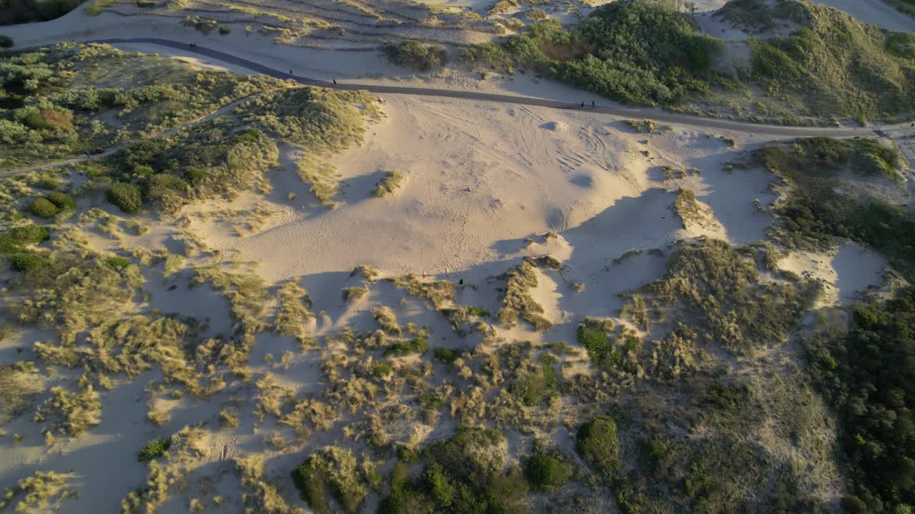 vista aérea de la playa cubierta de hierba y el camino por la playa de kijkduin, la haya