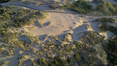 Aerial-view-of-grassy-beach-and-path-by-Kijkduin-Beach,-The-Hague