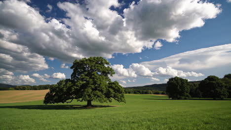 a large oak tree in a lush green field under a cloudy blue sky