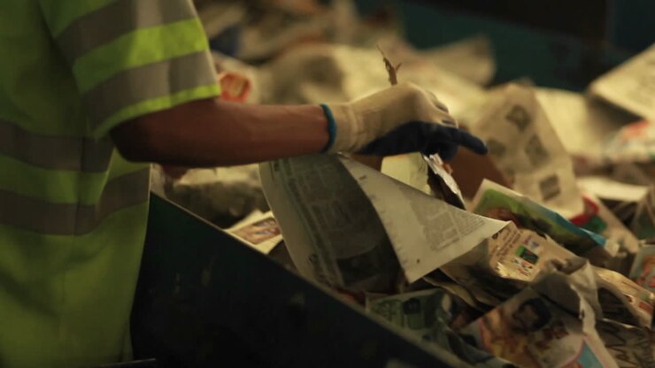 A worker sorts paper products at a recycling center