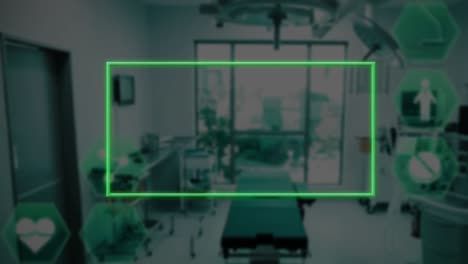 animación de marco de neón e iconos médicos sobre la habitación del hospital