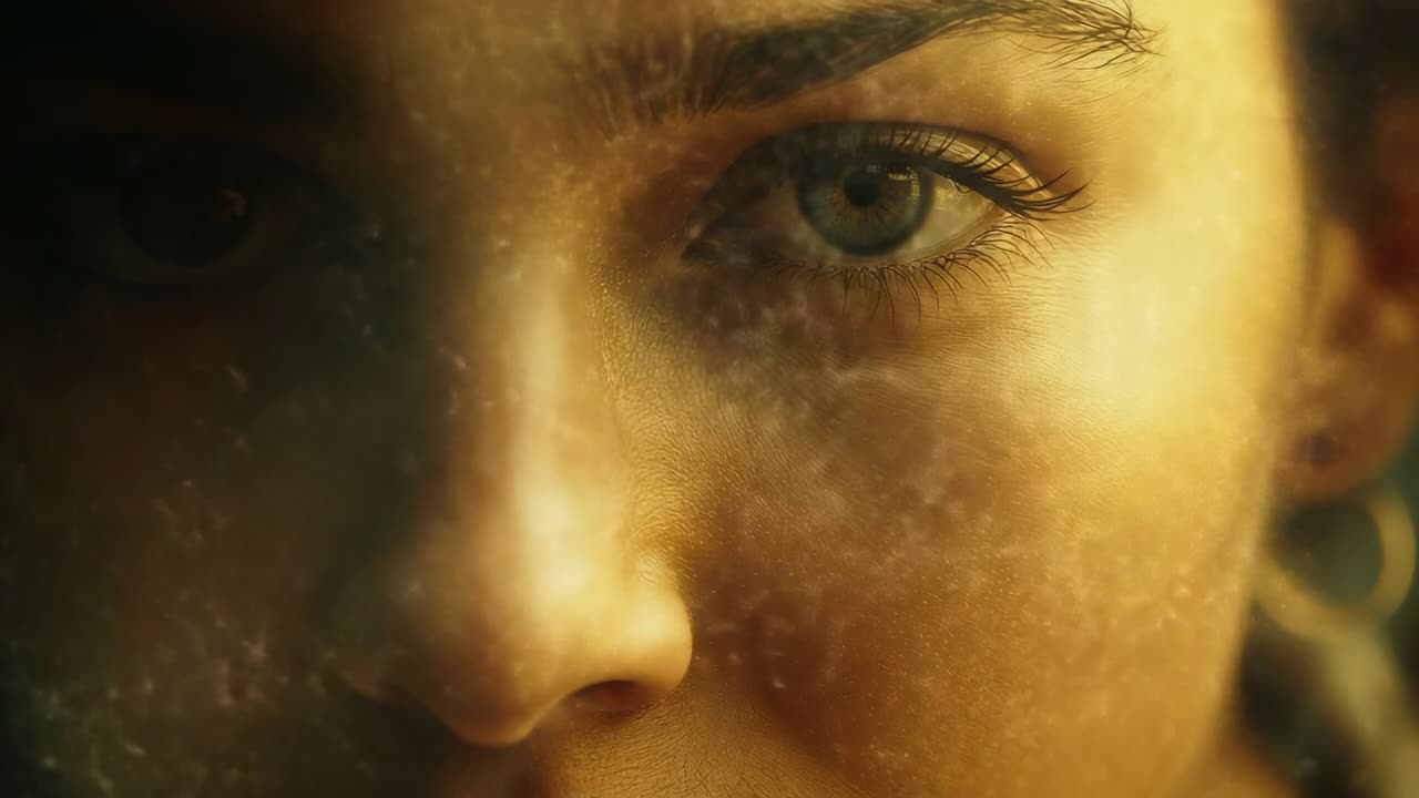 Opening close-up adult Hispanic female holding gaze in dark studio, with dust swirling across face
