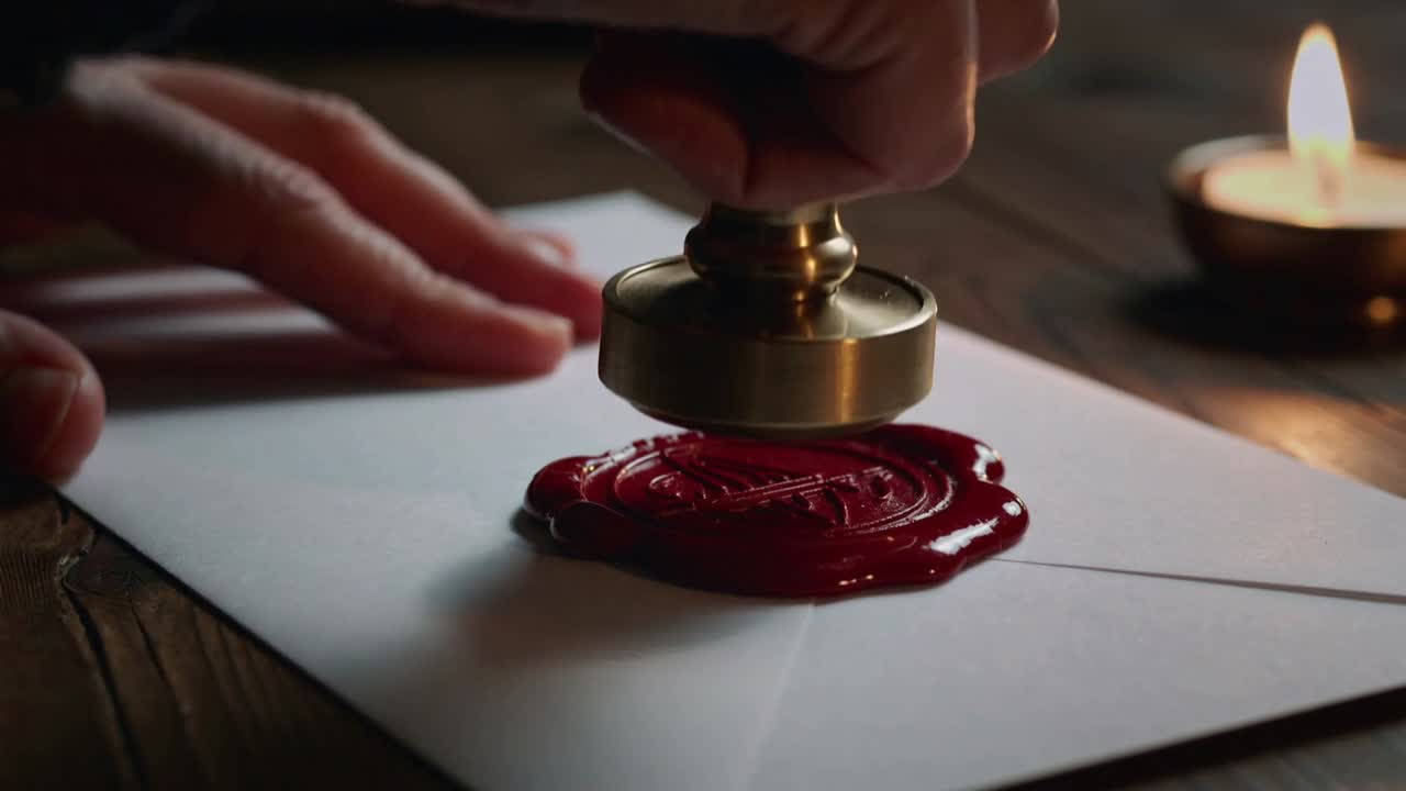 Heating wax with candle, person's right hand pressing brass seal into red wax to seal envelope
