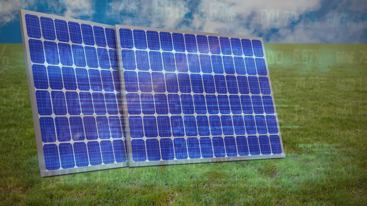 Animazione di elaborazione dati su pannello solare sull'erba contro cielo blu