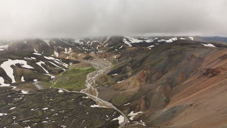 Luftaufnahme-Des-Landmannalaugar-Tals,-Lavafelder,-Bunte-Berge,-Island