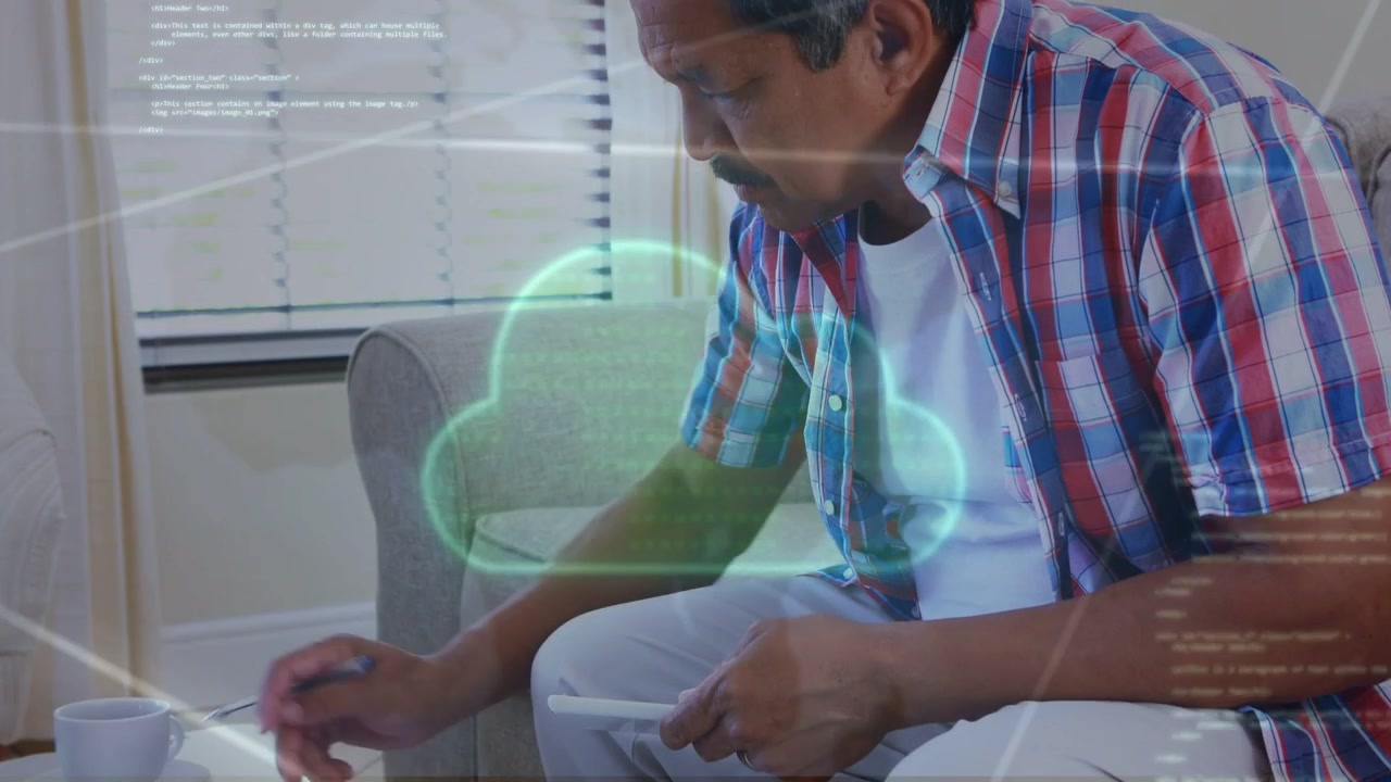 Senior man using calculator while doing finances, syncing phone as cloud overlay centering
