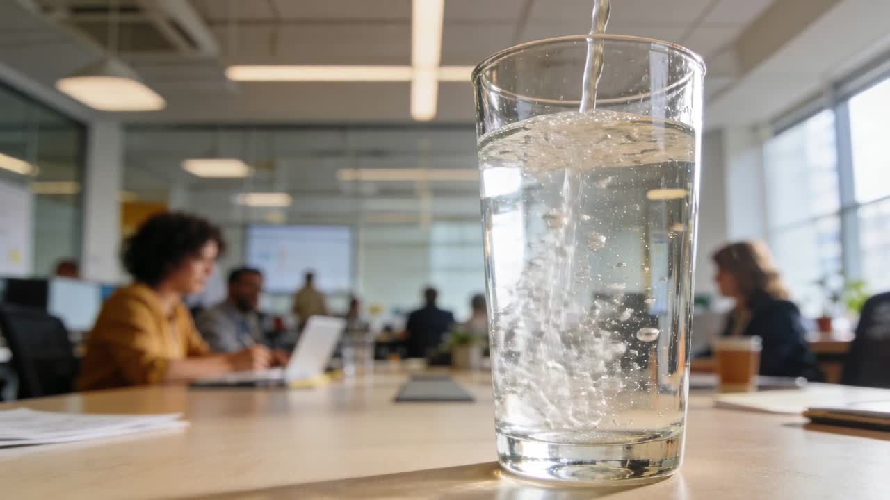 Pouring person off-camera filling glass on conference table, creating rising bubbles during meeting