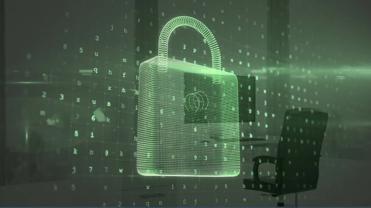 animación de candados digitales y números en las computadoras de la oficina
