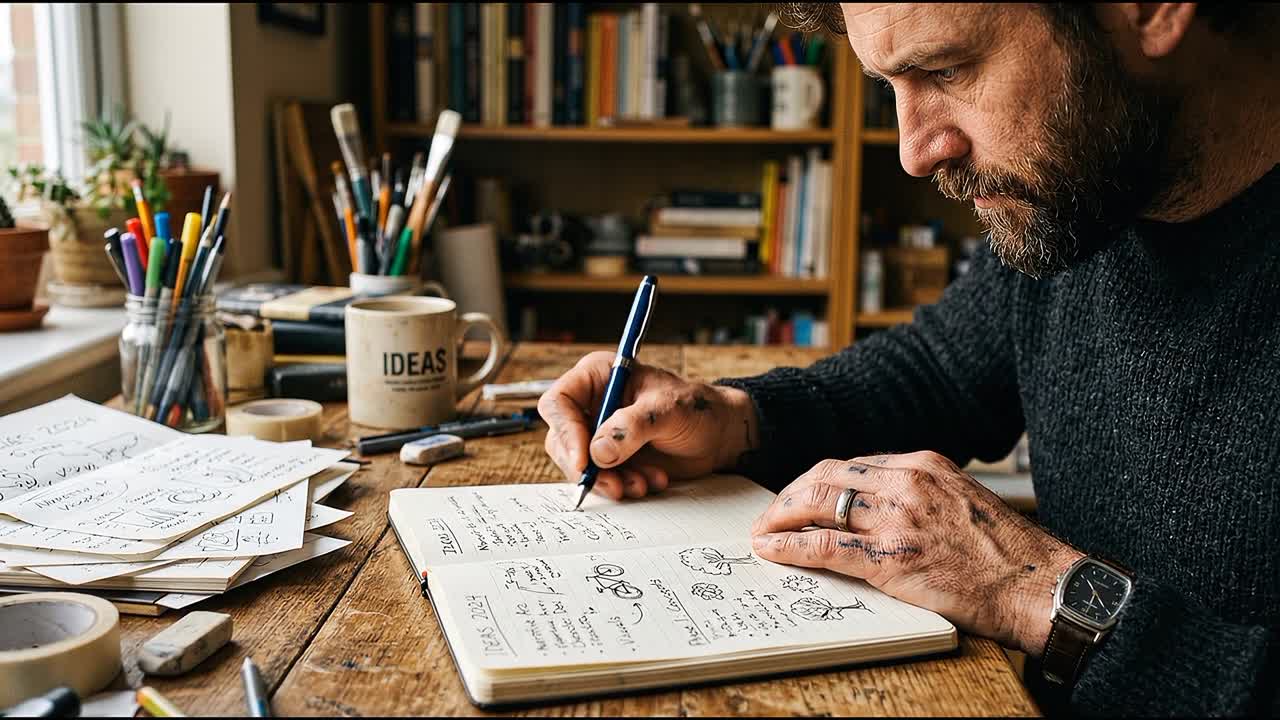 Fokussierter Mann schreibt Ideen und Skizzen in Notizbuch an Holzschreibtisch, umgeben von kreativen Werkzeugen.