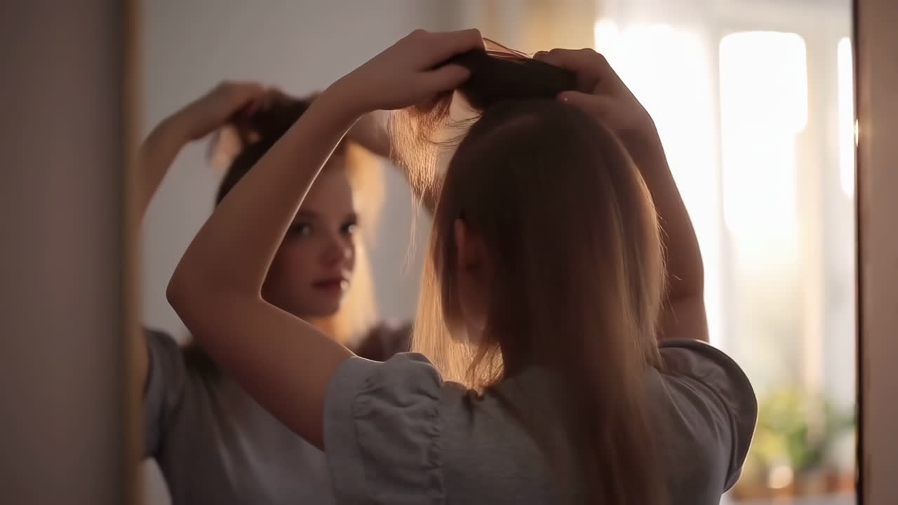Young Woman Styling Her Hair in Front of a Mirror