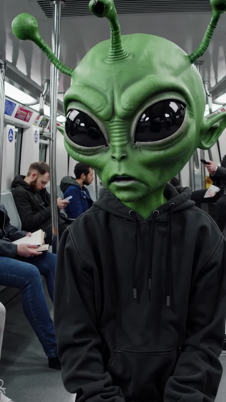 Alien disguised with a human hoodie sits on the subway among unaware passengers, creating a humorous and surreal scene of extraterrestrial commuting