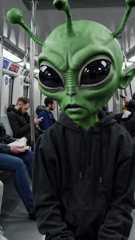 alien disguised with a human hoodie sits on the subway among unaware passengers, creating a humorous and surreal scene of extraterrestrial commuting