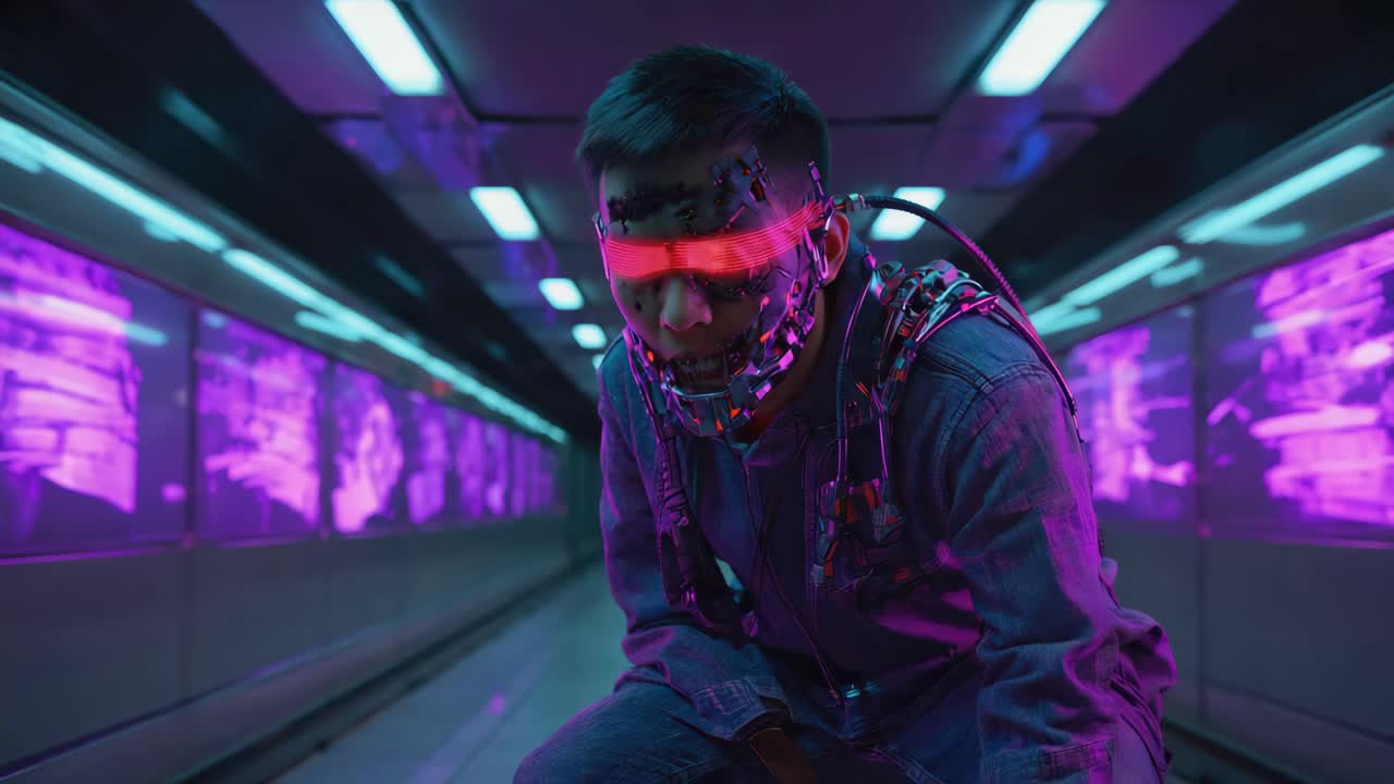 Man with cybernetic implants in a futuristic neon-lit tunnel