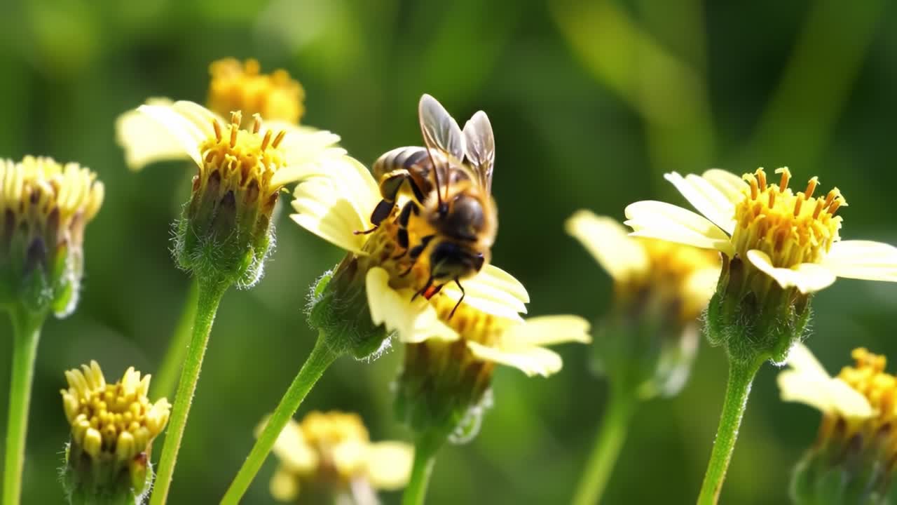 A Close-Up Encounter: A Bee Pollinates Vibrant Yellow Flowers in Nature's Splendor, Capturing the Beauty of Life in Motion and the Importance of Pollinators
