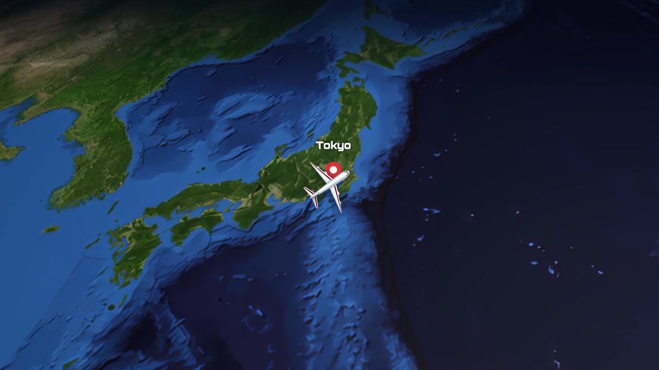 Satellite map animation tracks a commercial airplane flying from Singapore to Tokyo over the ocean