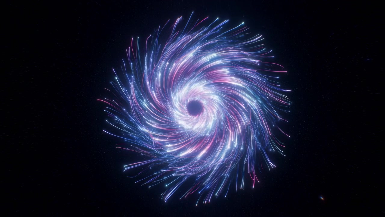 A glowing spiral vortex forms at the center of a dark scene, with colorful light trails swirling in a hypnotic rotation. The dynamic light beams create a tunnel-like, abstract tunnel effect with neon radiance, sparks, and flowing streaks, suggesting motion, energy, and cosmic depth