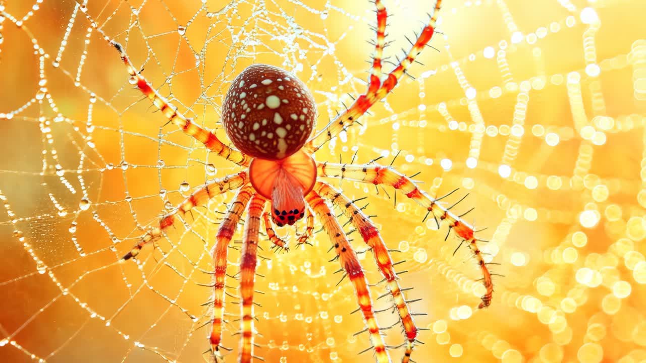 A spider is sitting in the center of a web. The web is orange and the spider is red