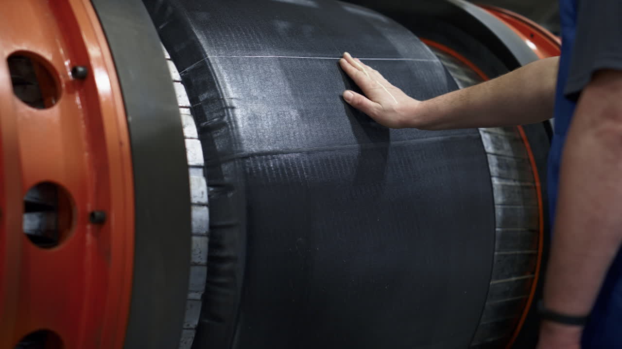 trabajador del taller de fabricación de neumáticos comprobando la producción de una máquina robótica