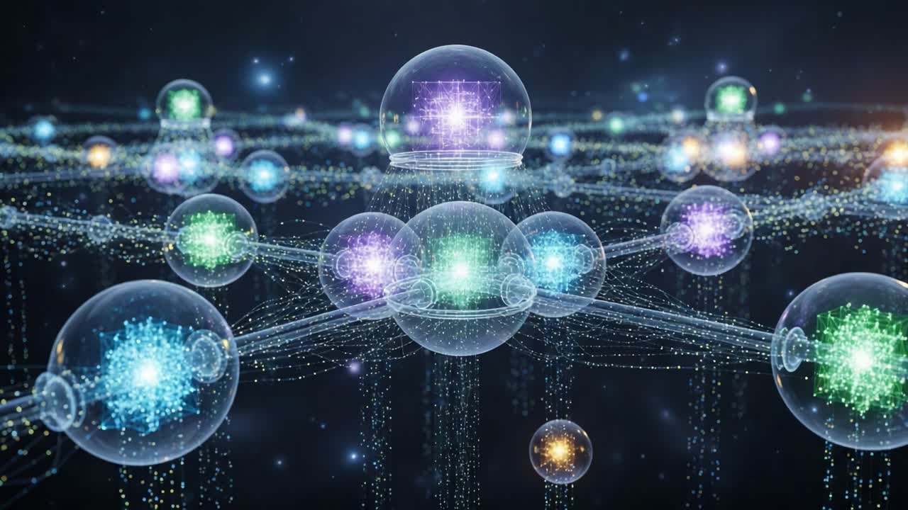 Exploring the Intricate World of Quantum Connections: A Visual Representation of Energy Networks and Information Flow through Illuminated Spheres