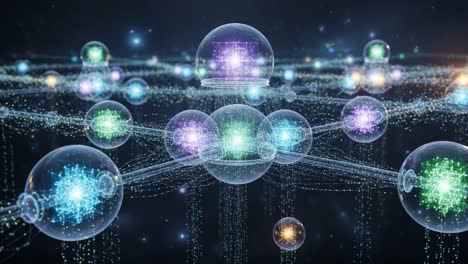 exploring the intricate world of quantum connections: a visual representation of energy networks and information flow through illuminated spheres