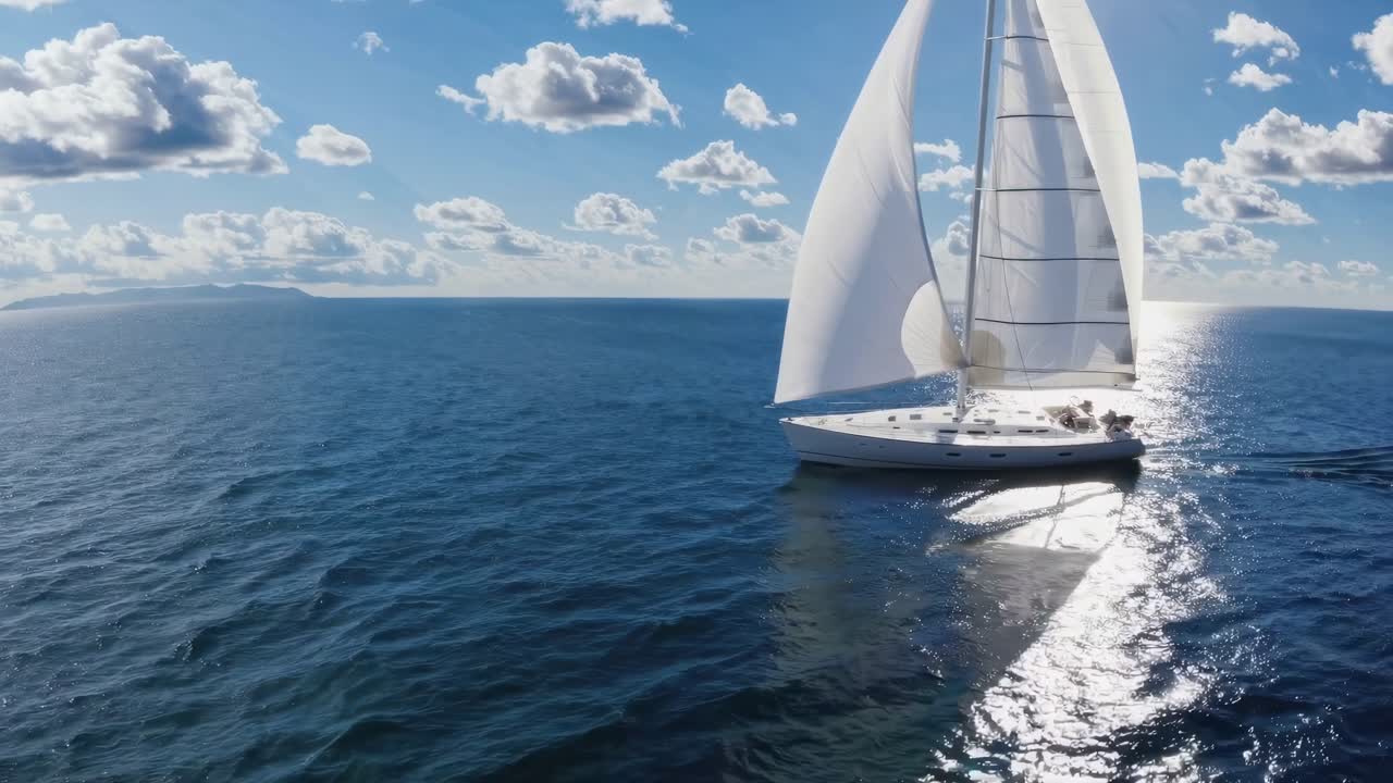 A serene sailing video capturing a yacht gliding through calm ocean waters under a bright sky