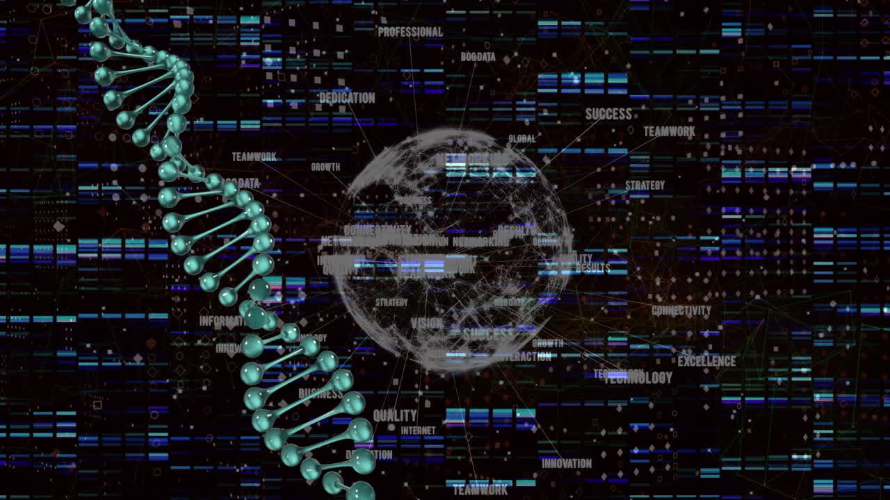 Animation of data processing over globe and dna strand
