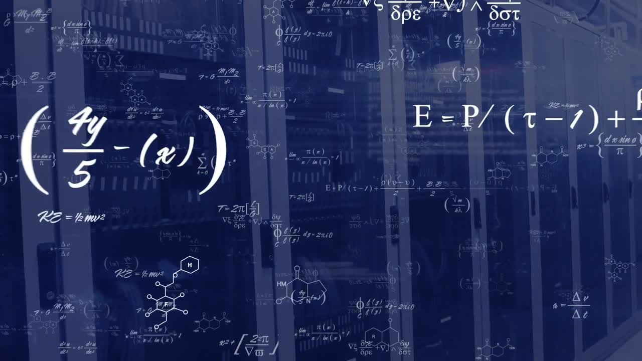 Animation of mathematical equations over data server racks in server room