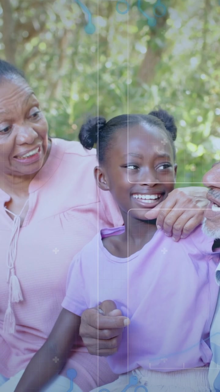 Vertical video: Senior woman exclaiming, sparking warm chat; girl laughing, UI on trio for tech