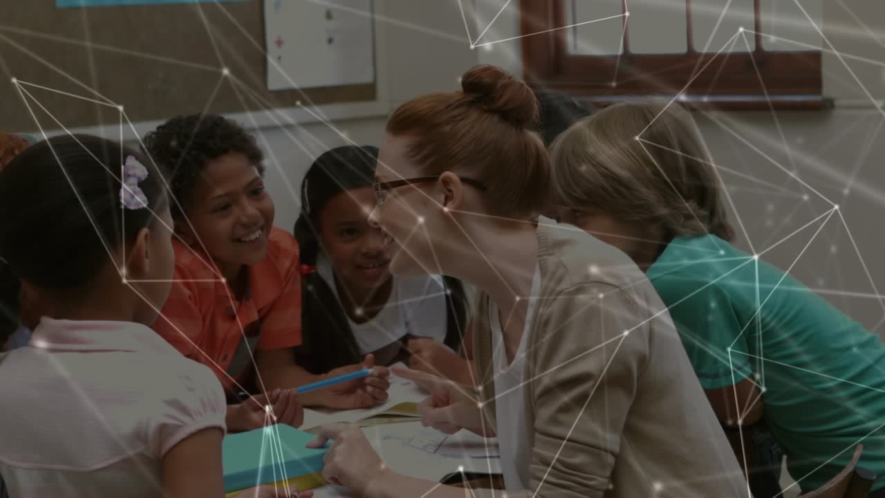 Animation of network of connections over diverse schoolchildren and teacher