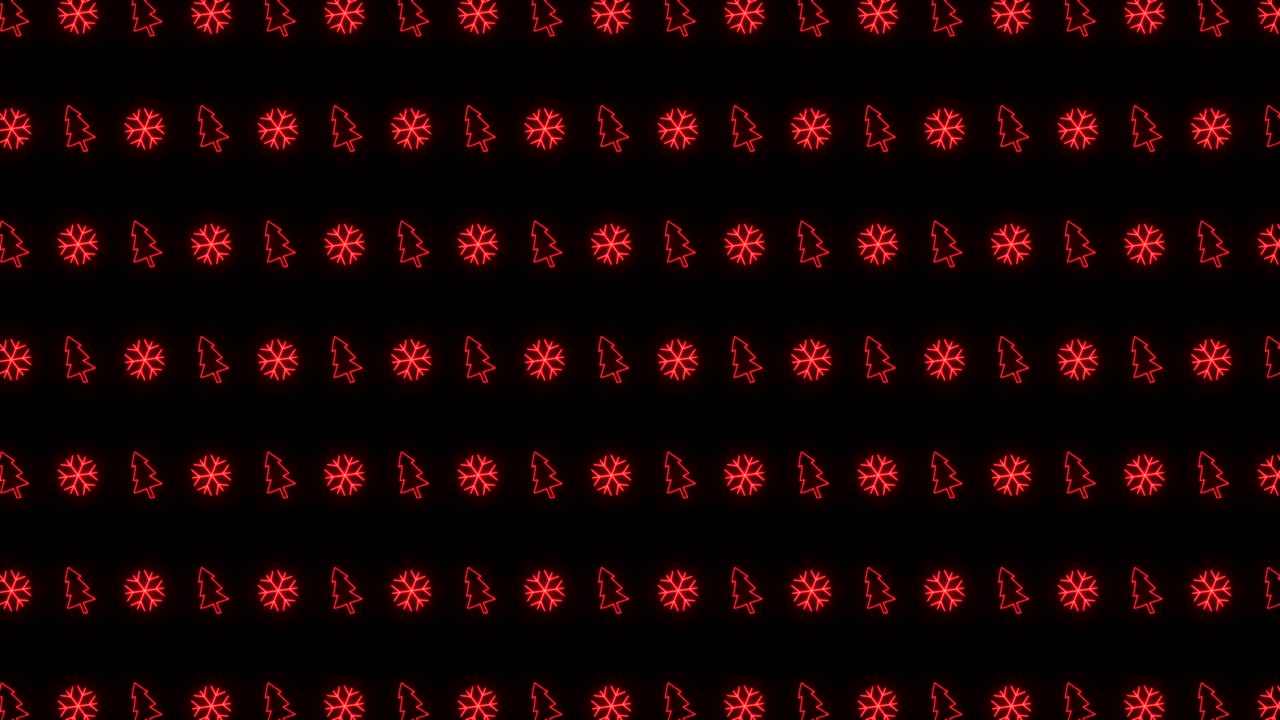 빨간색과 검은색 반복 애니메이션에서 크리스마스 트리, 눈송이, 산타 모자, 사탕 지팡이의 네온 크리스마스 패턴 배경