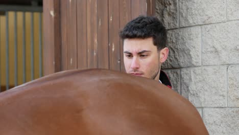 un joven jinete cepillando un caballo castaño en el establo