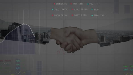 animation of data processing over businessman handshake