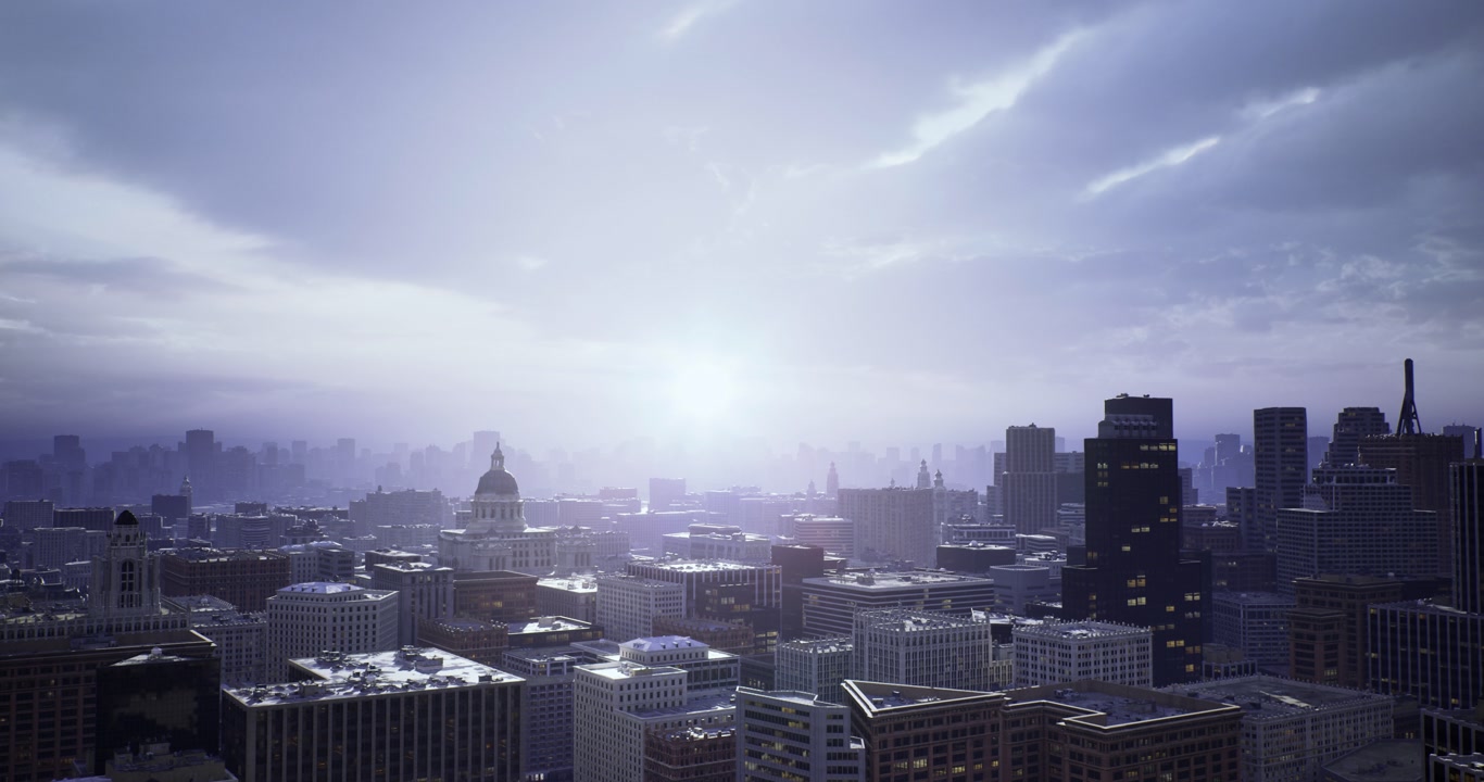 Sun rays shine through thick clouds onto tall buildings and reflective surfaces