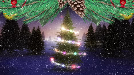 animación de nieve y estrellas cayendo sobre el árbol de navidad y decoración navideña en un paisaje de invierno