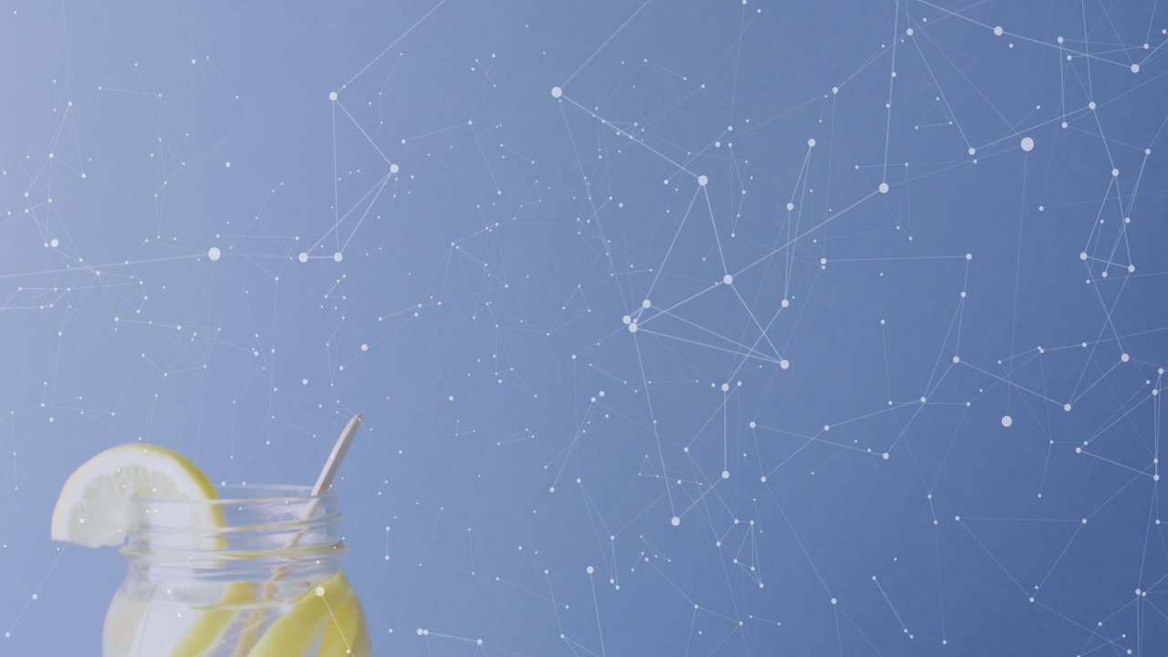 Upon network mesh appearing jar holding lemon water showing panels pulsing numbers visualizing data