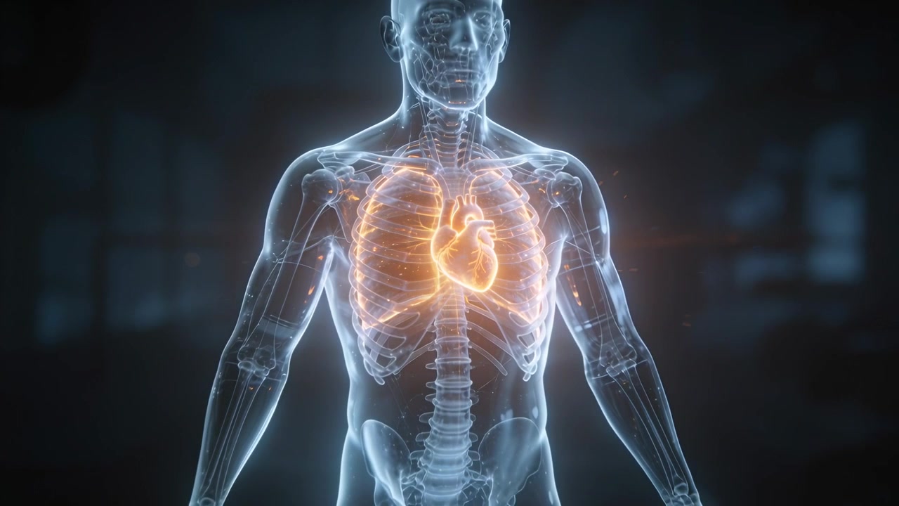 Telecamera che zooma, rivelando un modello di torso in laboratorio per studio, con cuore pulsante e polmoni luminosi.
