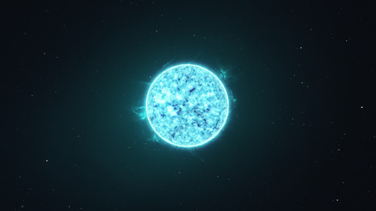 천천히 움직이는 카메라가 우주에서 빛나는 파란색 별을  ⁇ 처합니다.