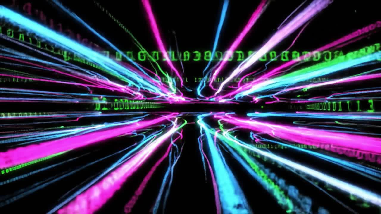 Dynamic neon lines in shades of pink, green, and blue form an engaging digital landscape, showcasing movement and energy. The colors create a captivating visual experience that feels alive.