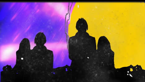 two silhouettes standing on stage facing crowd, raising flags with high-contrast color blocks