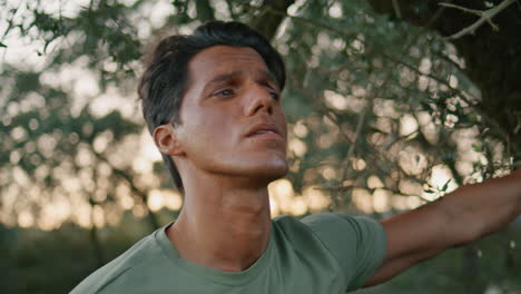 retrato de un granjero examinando un olivo al atardecer. un hombre serio observando plantas