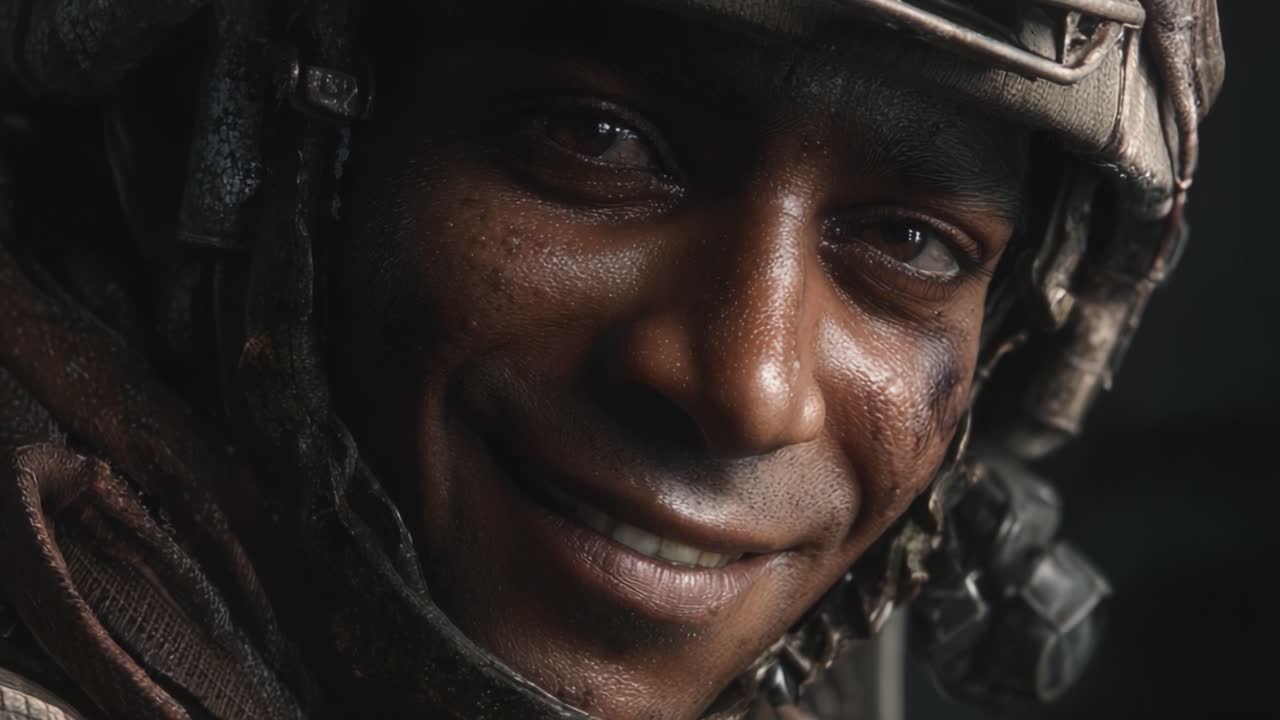 A Soldier's Resilience: Capturing the Determined Spirit and Inner Strength of a Person in Combat Gear, Smiling Amidst Challenges and Adversity in Two Frames
