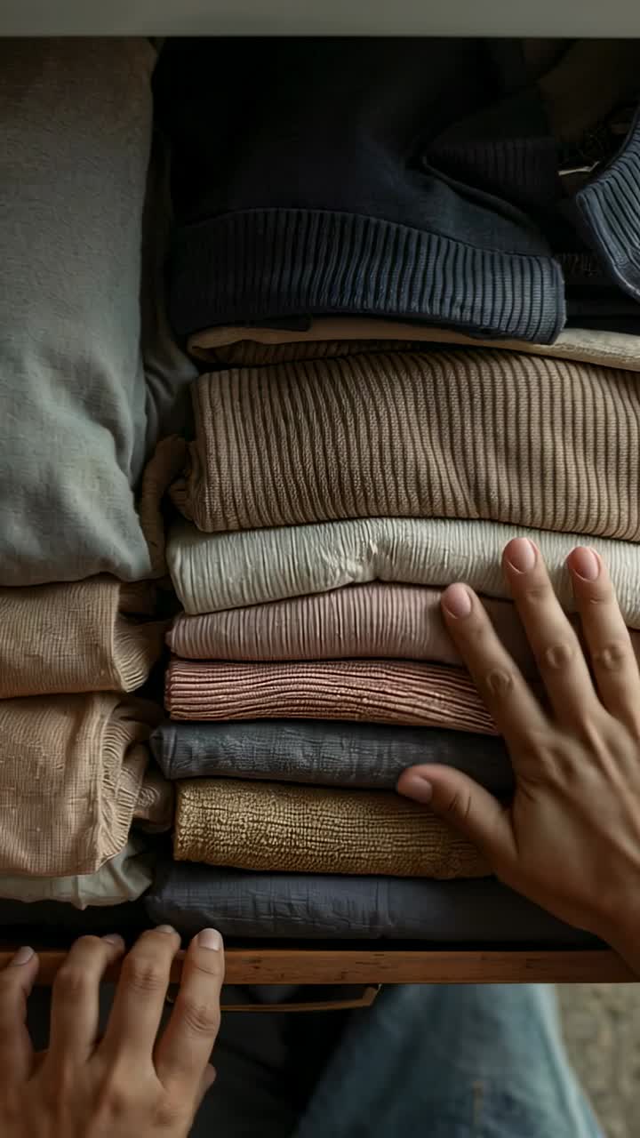 Vertical video: Person's hands resting on sweater pile and smoothing knits for home organization