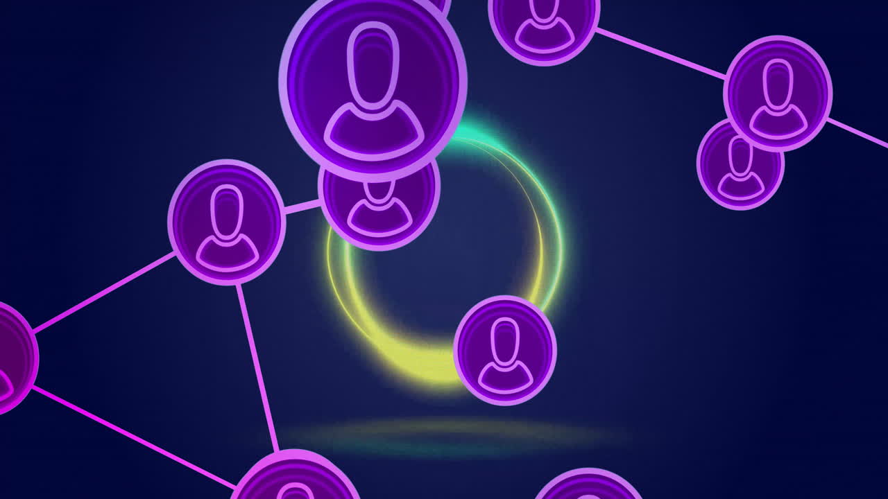 animación de la red de iconos de usuario conectados sobre un fondo oscuro con un círculo brillante