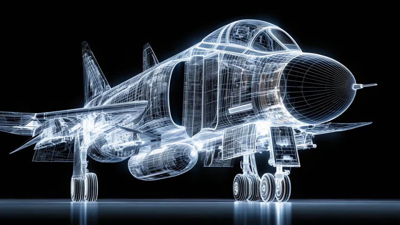 A Stunning Visual of a Futuristic Fighter Jet Displayed in Wireframe Model, Showcasing Intricate Engineering and High-Tech Design with Clear Details of Structure and Components