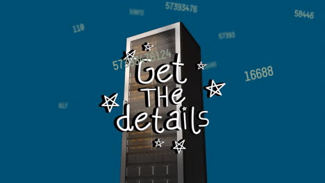 animation of get the details text and numbers over computer server