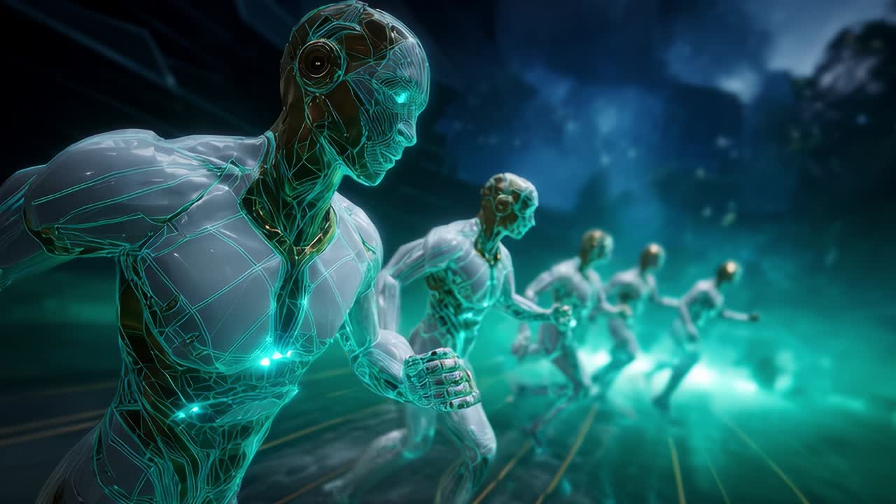 Futuristic humanoid robots engaged in a high-tech sprint through a vibrant digital landscape, showcasing advanced technology and dynamic movement with glowing circuit patterns and holographic interfaces