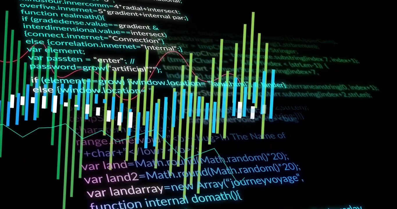 Starting with sparse bars and teal code, multicolor bars growing and centering, visualizing data